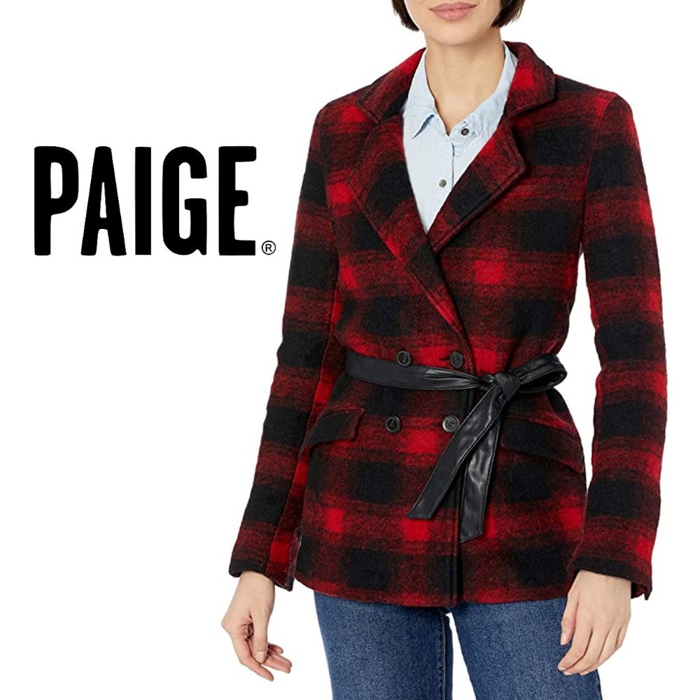 PAIGE Leona Plaid Wool + Leather Belted Coat